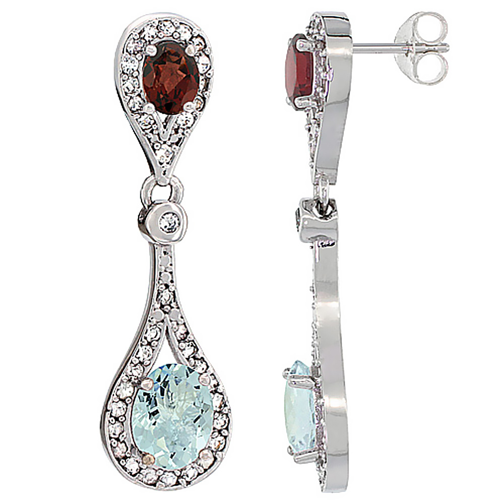 14K White Gold Natural Aquamarine &amp; Garnet Oval Dangling Earrings White Sapphire &amp; Diamond Accents, 1 3/8 inches long