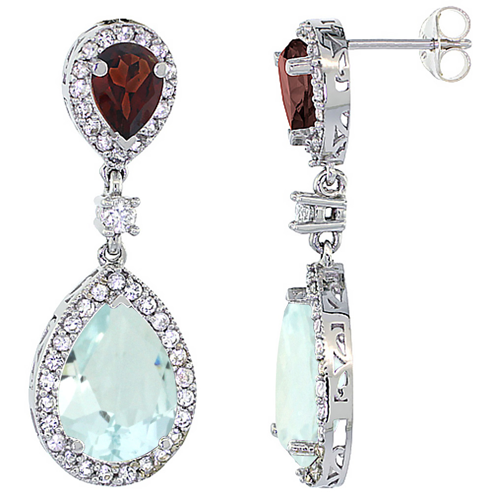 14K WHITE GOLD NATURAL AQUAMARINE & GARNET TEARDROP EARRINGS WHITE SAPPHIRE & DIAMOND