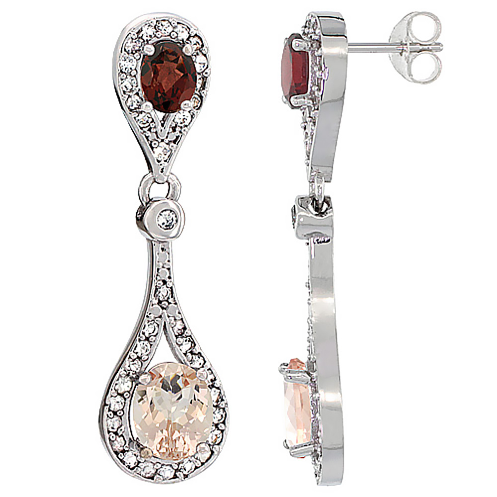 10K White Gold Natural Morganite &amp; Garnet Oval Dangling Earrings White Sapphire &amp; Diamond Accents, 1 3/8 inches long
