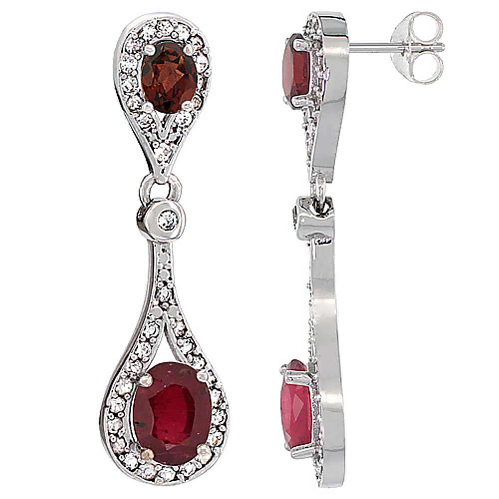 14K WHITE GOLD ENHANCED RUBY & GARNET OVAL DANGLING EARRINGS WHITE SAPPHIRE & DIAMOND ACCENTS, 1 3/8 INCHES LONG