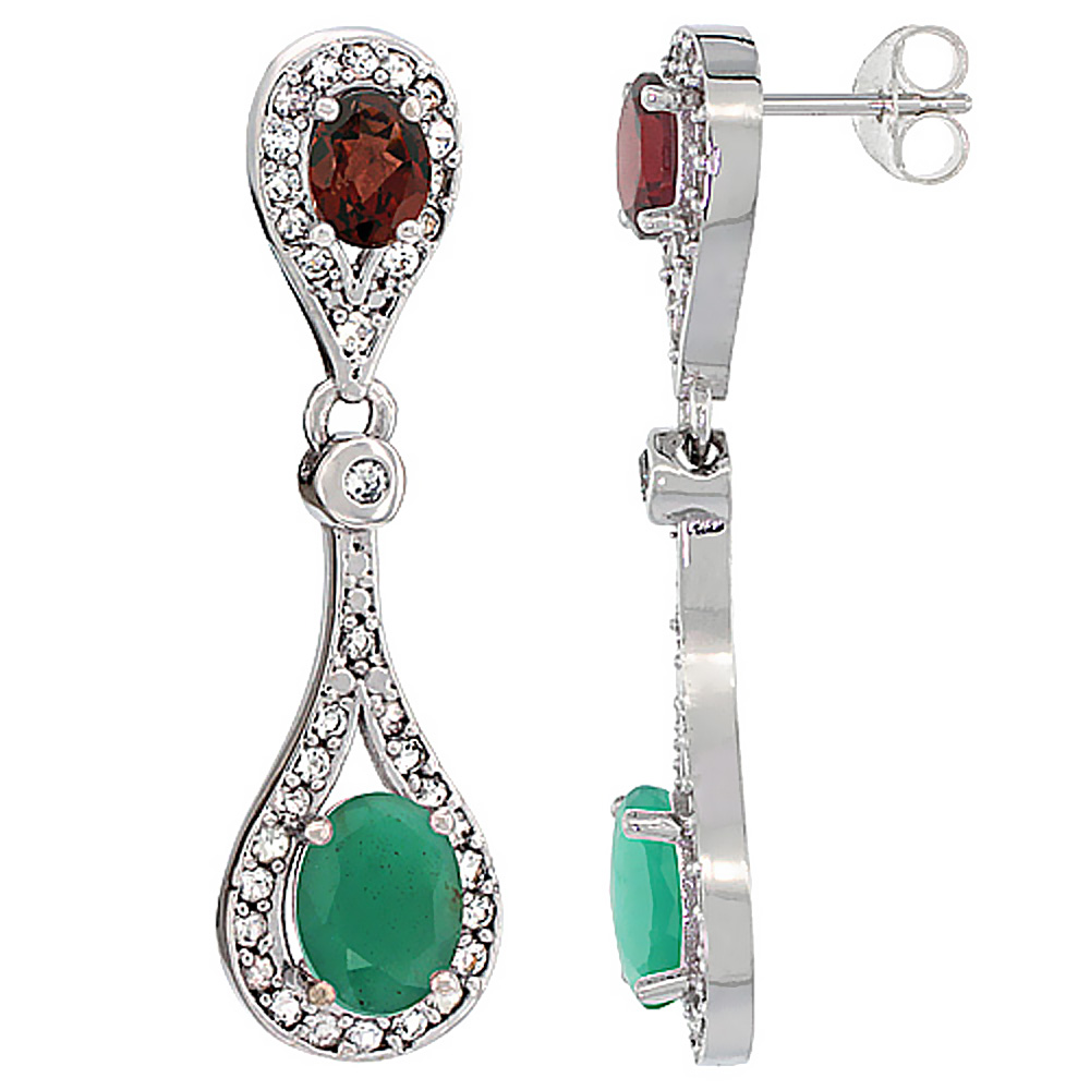 14K White Gold Natural Emerald &amp; Garnet Oval Dangling Earrings White Sapphire &amp; Diamond Accents, 1 3/8 inches long