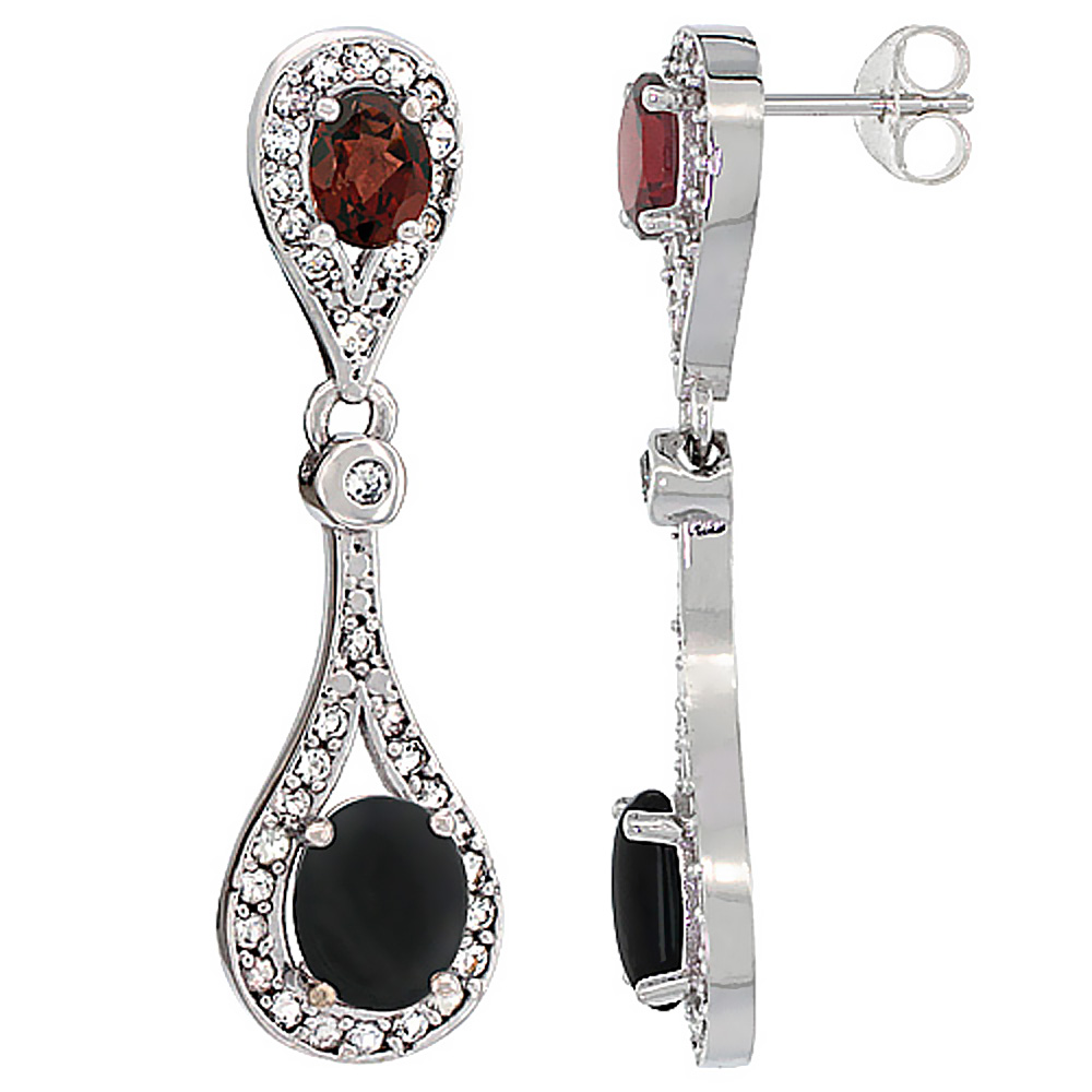 14K WHITE GOLD NATURAL BLACK ONYX & GARNET OVAL DANGLING EARRINGS WHITE SAPPHIRE & DIAMOND ACCENTS, 1 3/8 INCHES LONG