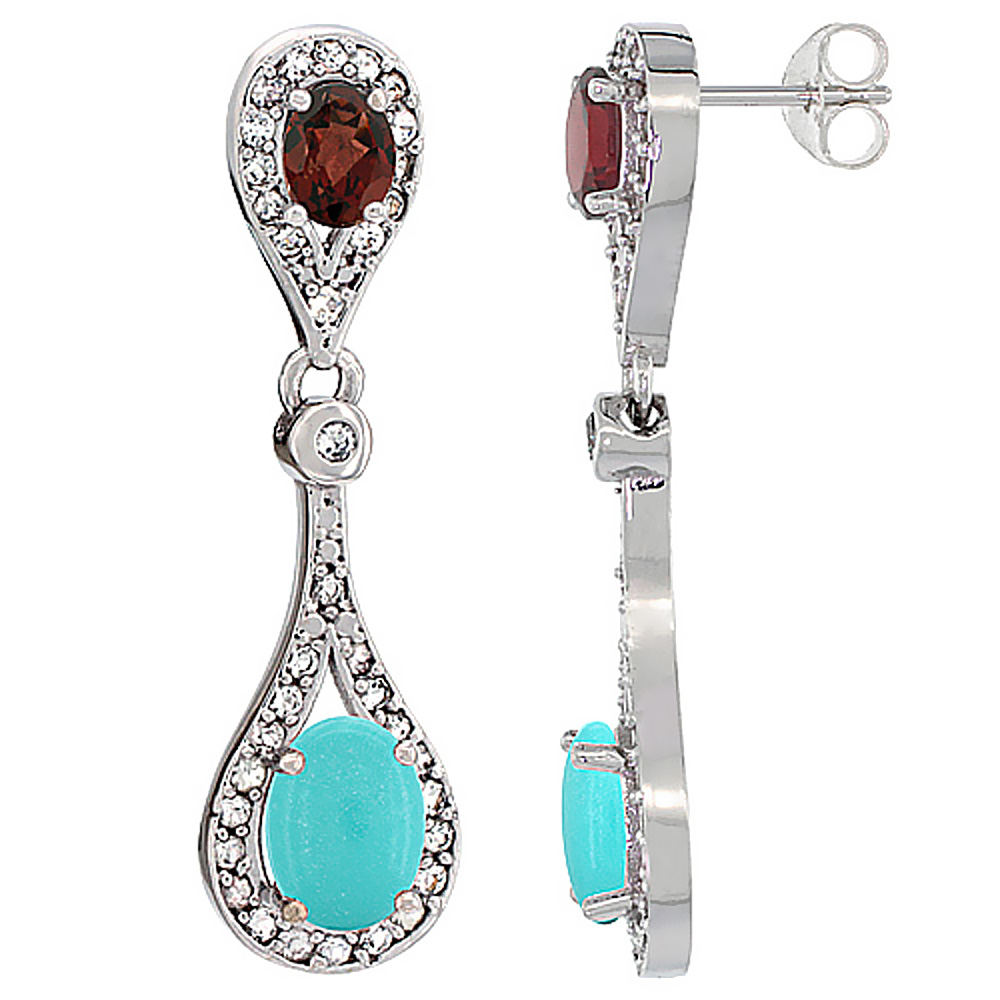 10K White Gold Natural Turquoise & Garnet Oval Dangling Earrings White Sapphire & Diamond Accents, 1 3/8 inches long