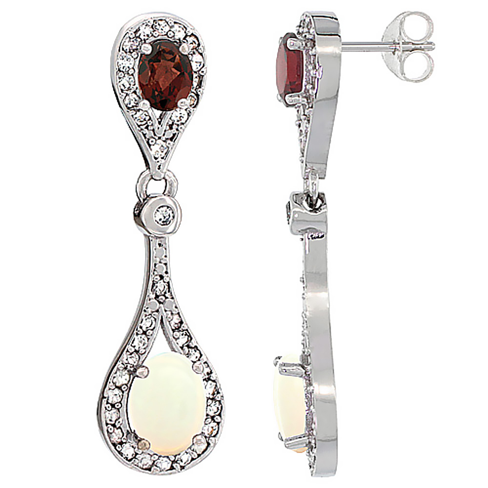 14K WHITE GOLD NATURAL OPAL & GARNET OVAL DANGLING EARRINGS WHITE SAPPHIRE & DIAMOND ACCENTS, 1 3/8 INCHES LONG
