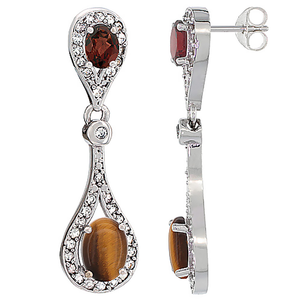 14K WHITE GOLD NATURAL TIGER EYE & GARNET OVAL DANGLING EARRINGS WHITE SAPPHIRE & DIAMOND ACCENTS, 1 3/8 INCHES LONG