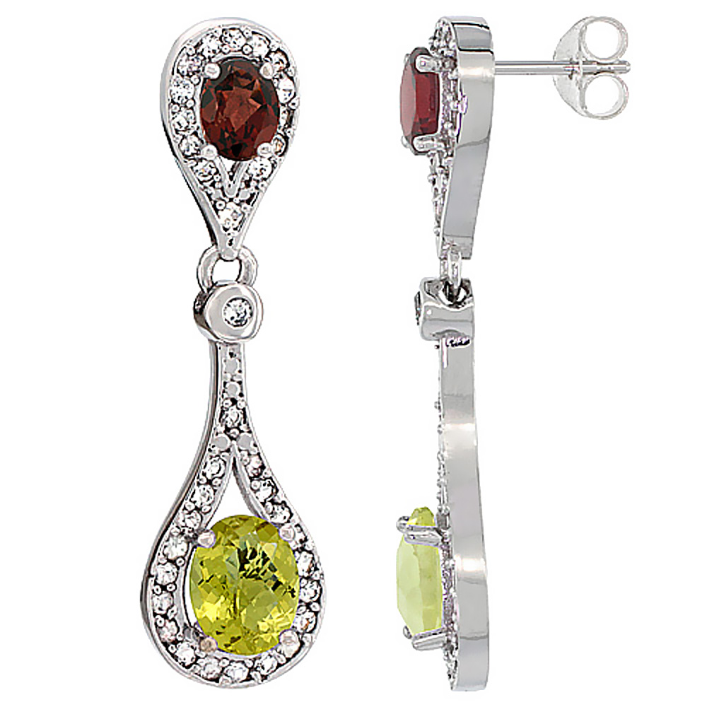 14K WHITE GOLD NATURAL LEMON QUARTZ & GARNET OVAL DANGLING EARRINGS WHITE SAPPHIRE & DIAMOND ACCENTS, 1 3/8 INCHES LONG