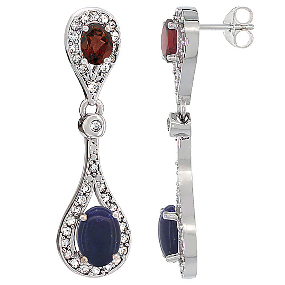 14K WHITE GOLD NATURAL LAPIS & GARNET OVAL DANGLING EARRINGS WHITE SAPPHIRE & DIAMOND ACCENTS, 1 3/8 INCHES LONG