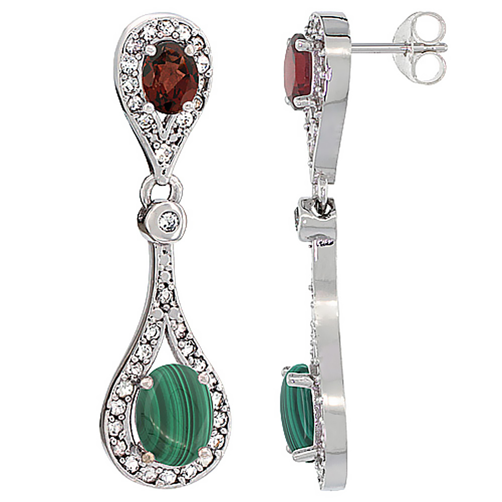 14K White Gold Natural Malachite & Garnet Oval Dangling Earrings White Sapphire & Diamond Accents, 1 3/8 inches long
