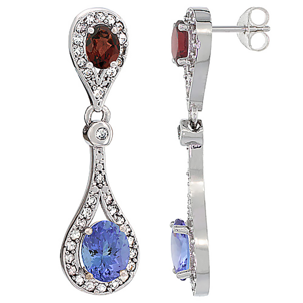 10K White Gold Natural Tanzanite &amp; Garnet Oval Dangling Earrings White Sapphire &amp; Diamond Accents, 1 3/8 inches long