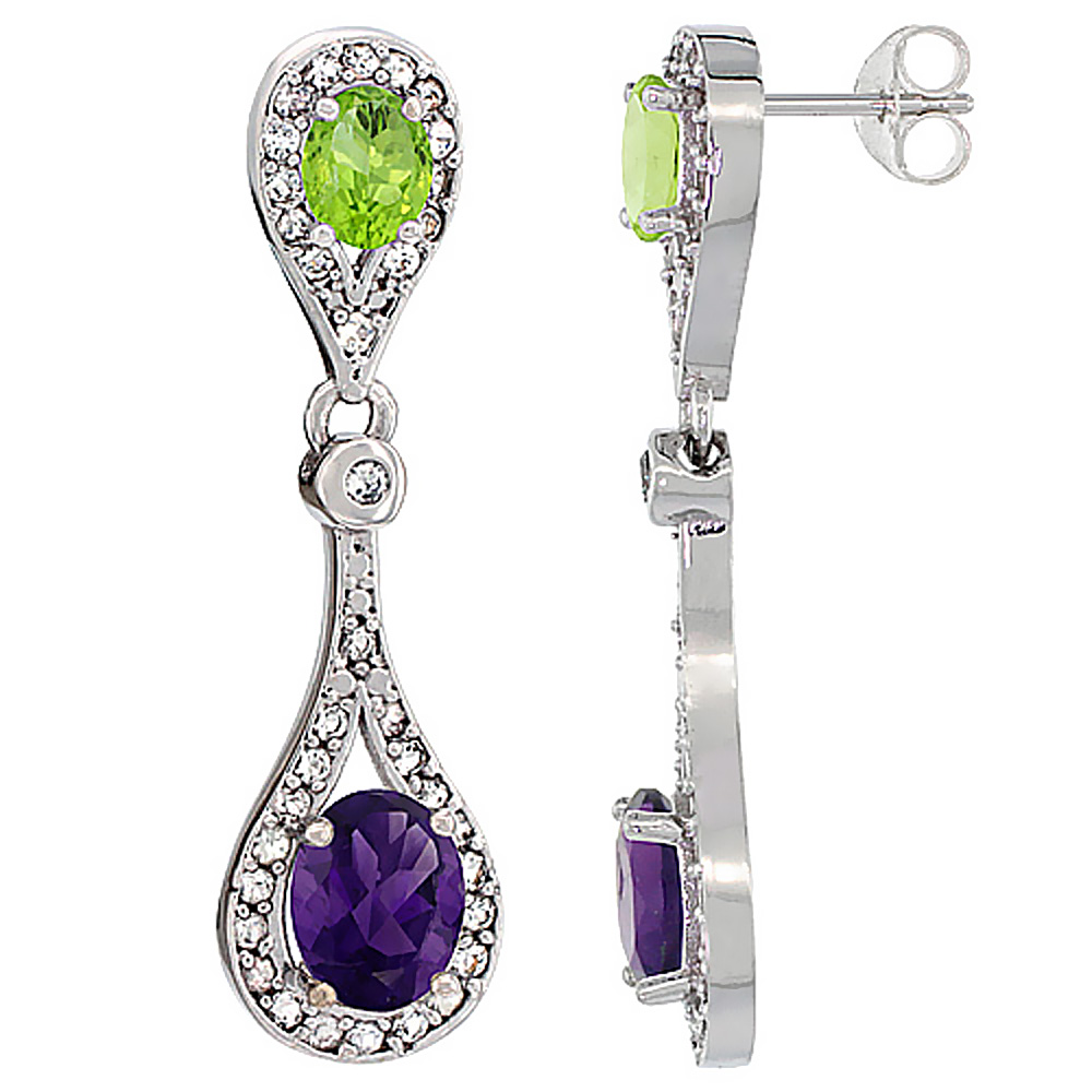14K WHITE GOLD NATURAL AMETHYST & PERIDOT OVAL DANGLING EARRINGS WHITE SAPPHIRE & DIAMOND ACCENTS, 1 3/8 INCHES LONG