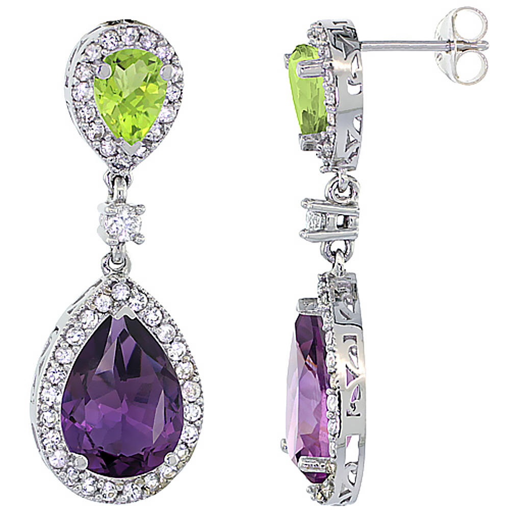 10K WHITE GOLD NATURAL AMETHYST & PERIDOT TEARDROP EARRINGS WHITE SAPPHIRE & DIAMOND