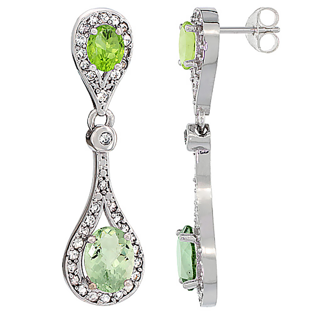 10K White Gold Natural Green Amethyst & Peridot Oval Dangling Earrings White Sapphire & Diamond Accents, 1 3/8 inches long