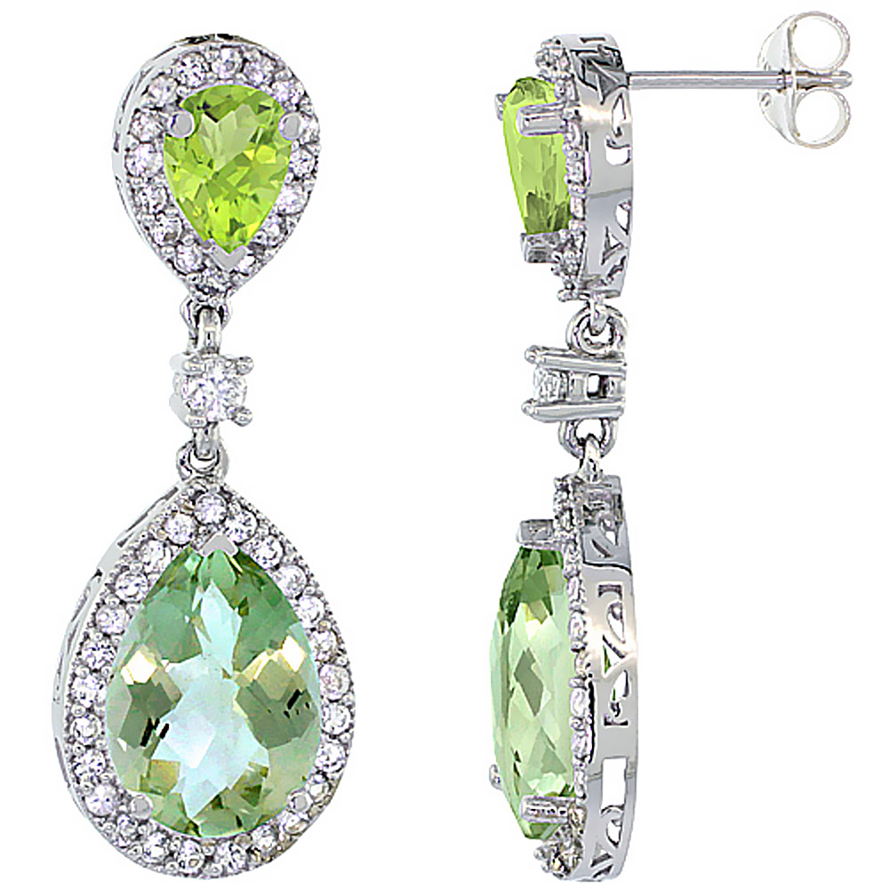 10K White Gold Natural Green Amethyst & Peridot Teardrop Earrings White Sapphire & Diamond