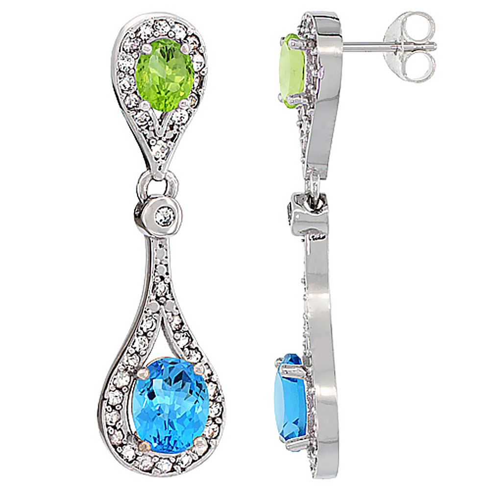 14K WHITE GOLD NATURAL SWISS BLUE TOPAZ & PERIDOT OVAL DANGLING EARRINGS WHITE SAPPHIRE & DIAMOND ACCENTS, 1 3/8 INCHES LONG