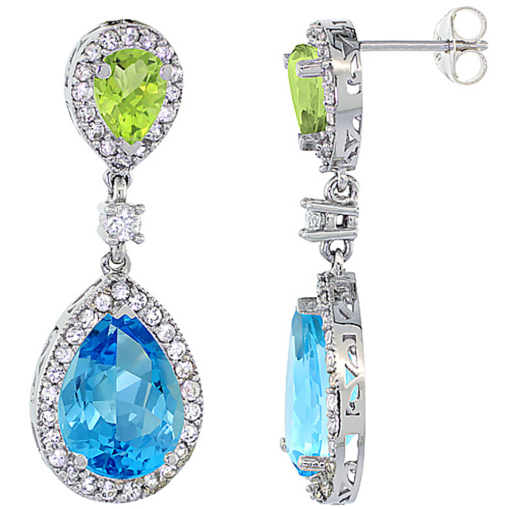 14K WHITE GOLD NATURAL SWISS BLUE TOPAZ & PERIDOT TEARDROP EARRINGS WHITE SAPPHIRE & DIAMOND