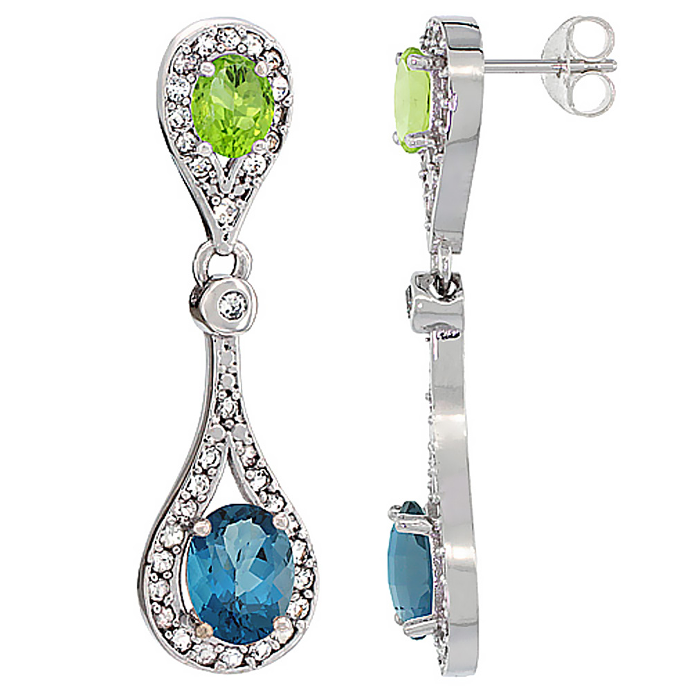 14K WHITE GOLD NATURAL LONDON BLUE TOPAZ & PERIDOT OVAL DANGLING EARRINGS WHITE SAPPHIRE & DIAMOND ACCENTS, 1 3/8 INCHES LONG