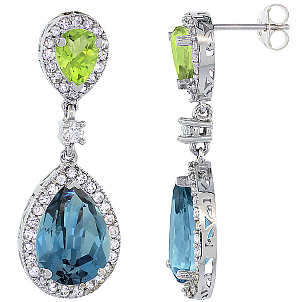 14K White Gold Natural London Blue Topaz & Peridot Teardrop Earrings White Sapphire & Diamond