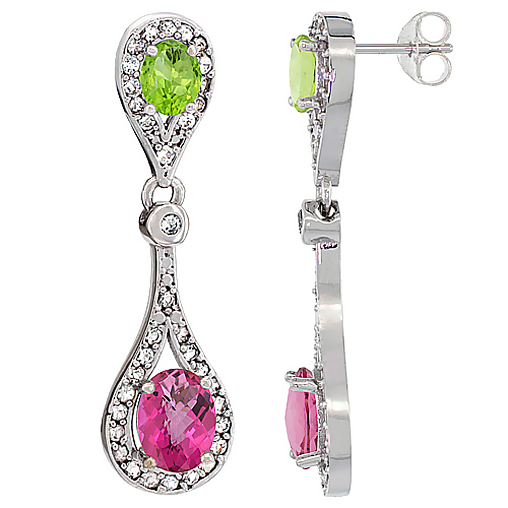 14K WHITE GOLD NATURAL PINK TOPAZ & PERIDOT OVAL DANGLING EARRINGS WHITE SAPPHIRE & DIAMOND ACCENTS, 1 3/8 INCHES LONG