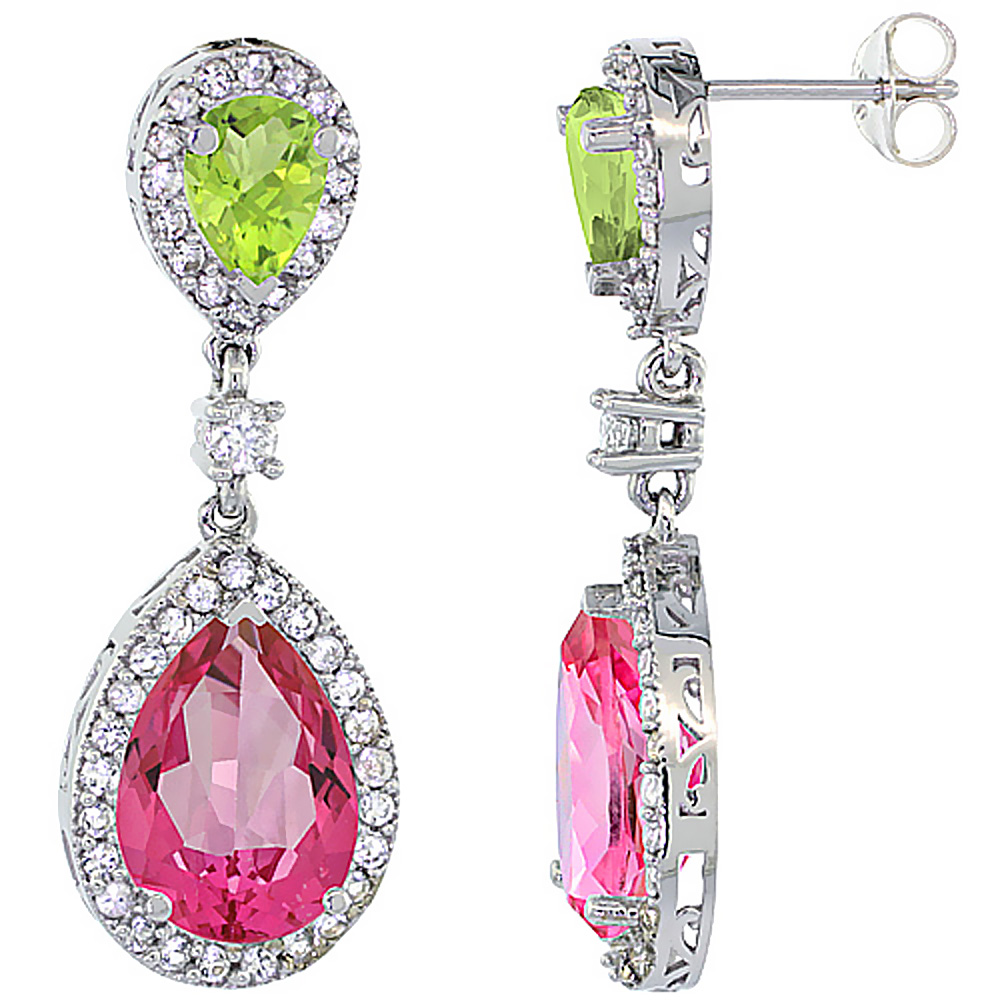 14K WHITE GOLD NATURAL PINK TOPAZ & PERIDOT TEARDROP EARRINGS WHITE SAPPHIRE & DIAMOND