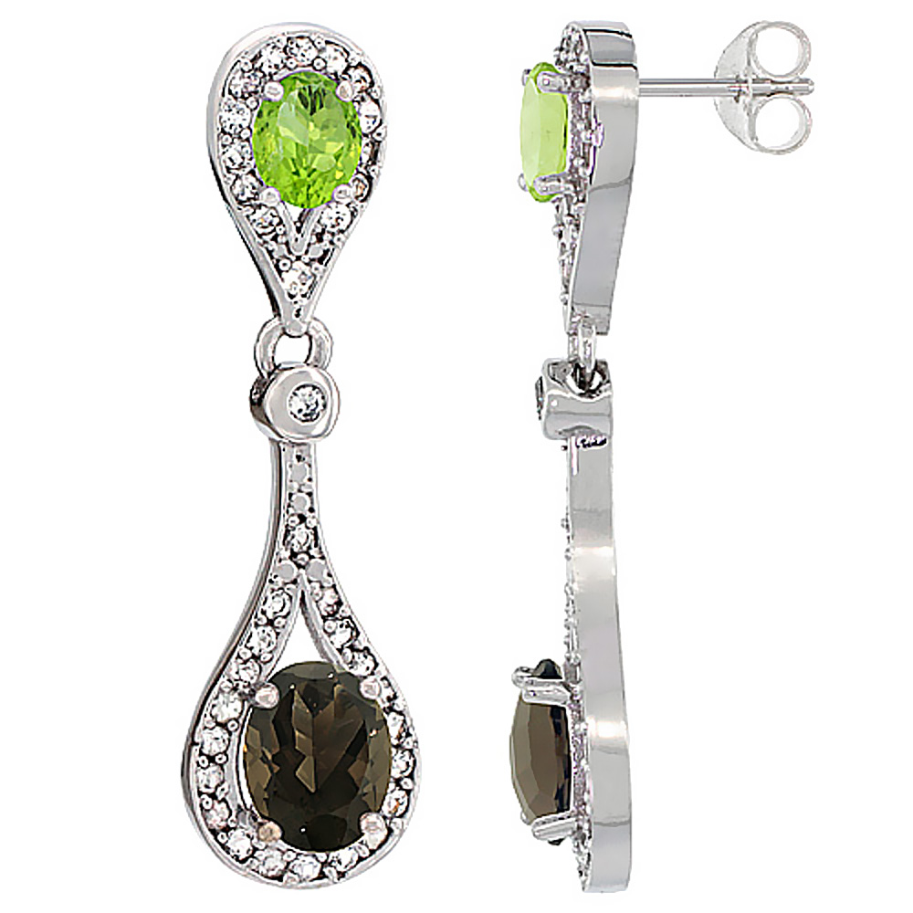 14K WHITE GOLD NATURAL SMOKY TOPAZ & PERIDOT OVAL DANGLING EARRINGS WHITE SAPPHIRE & DIAMOND ACCENTS, 1 3/8 INCHES LONG