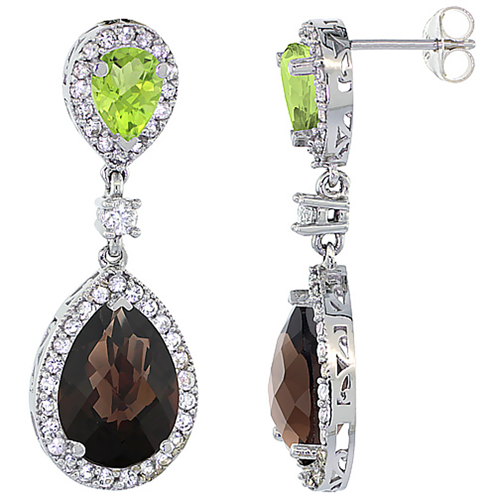 14K WHITE GOLD NATURAL SMOKY TOPAZ & PERIDOT TEARDROP EARRINGS WHITE SAPPHIRE & DIAMOND