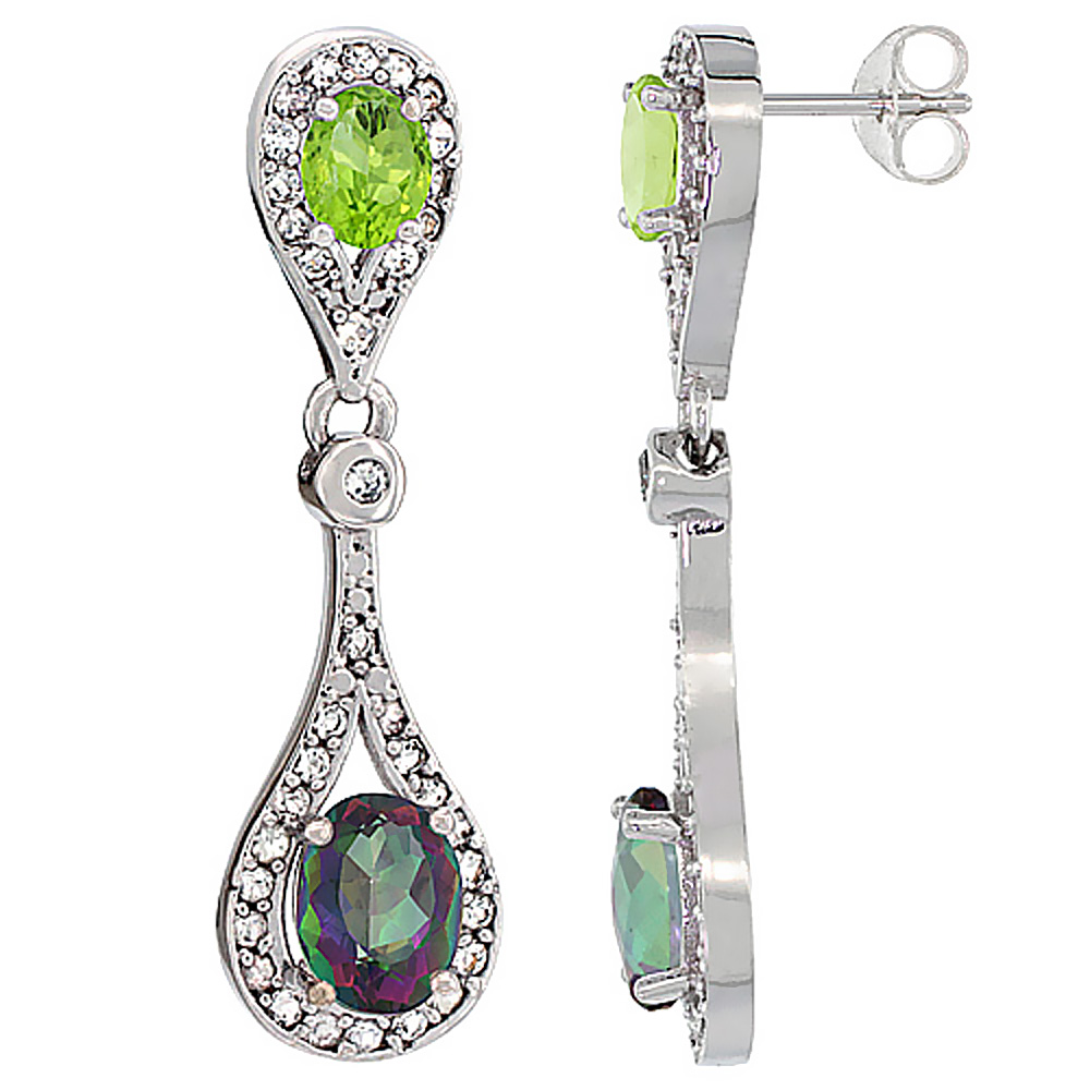 14K WHITE GOLD NATURAL MYSTIC TOPAZ & PERIDOT OVAL DANGLING EARRINGS WHITE SAPPHIRE & DIAMOND ACCENTS, 1 3/8 INCHES LONG