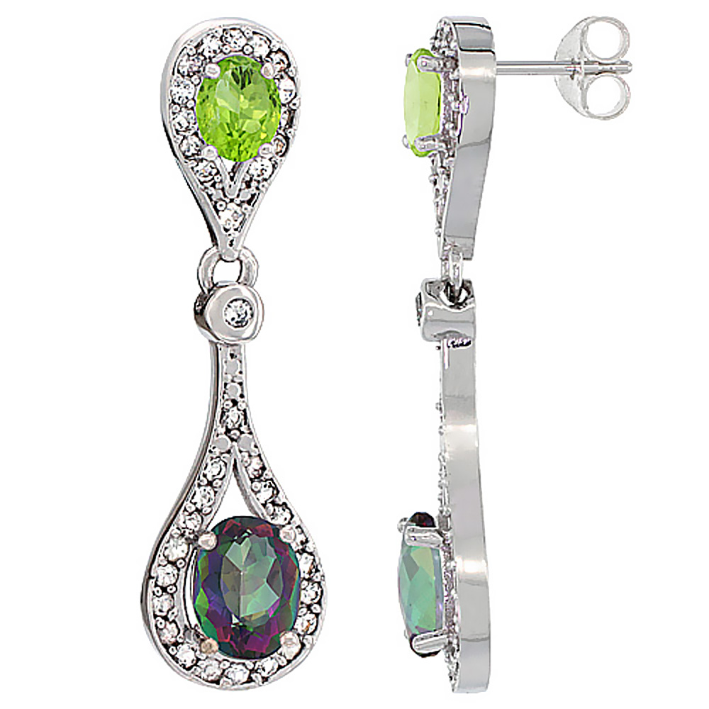 14K White Gold Natural Mystic Topaz & Peridot Oval Dangling Earrings White Sapphire & Diamond Accents, 1 3/8 inches long
