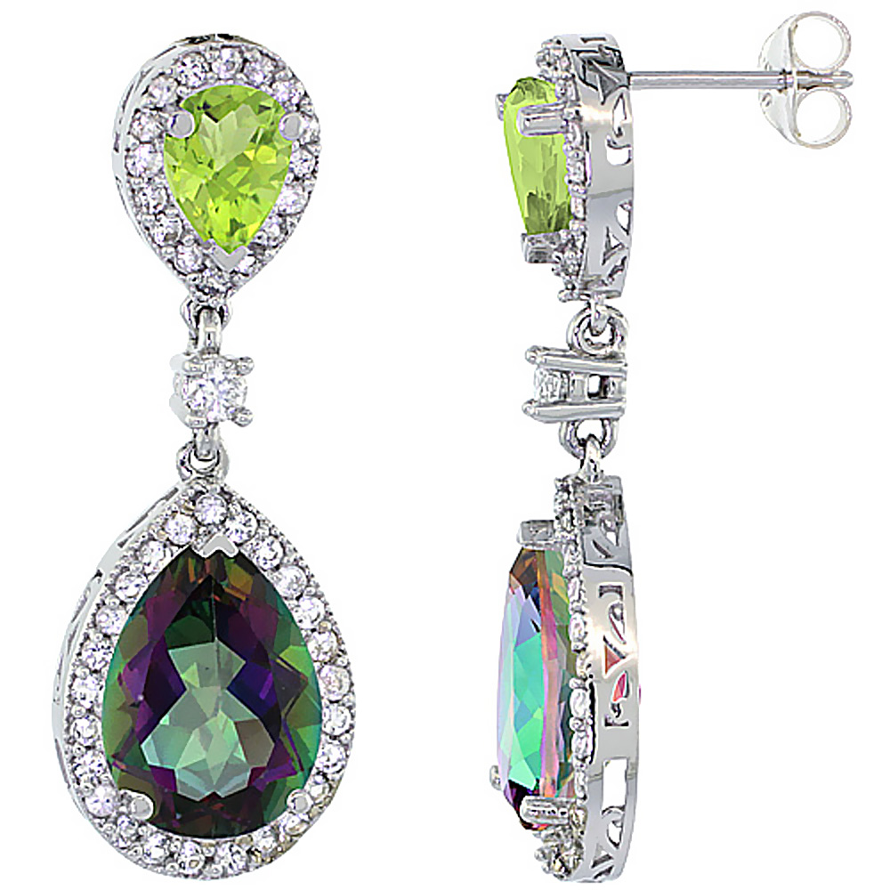 14K WHITE GOLD NATURAL MYSTIC TOPAZ & PERIDOT TEARDROP EARRINGS WHITE SAPPHIRE & DIAMOND