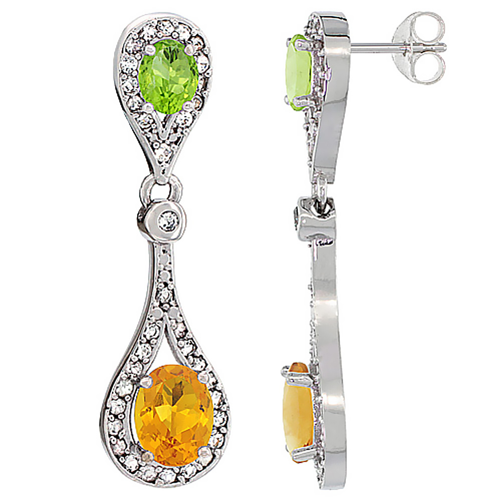 14K WHITE GOLD NATURAL CITRINE & PERIDOT OVAL DANGLING EARRINGS WHITE SAPPHIRE & DIAMOND ACCENTS, 1 3/8 INCHES LONG