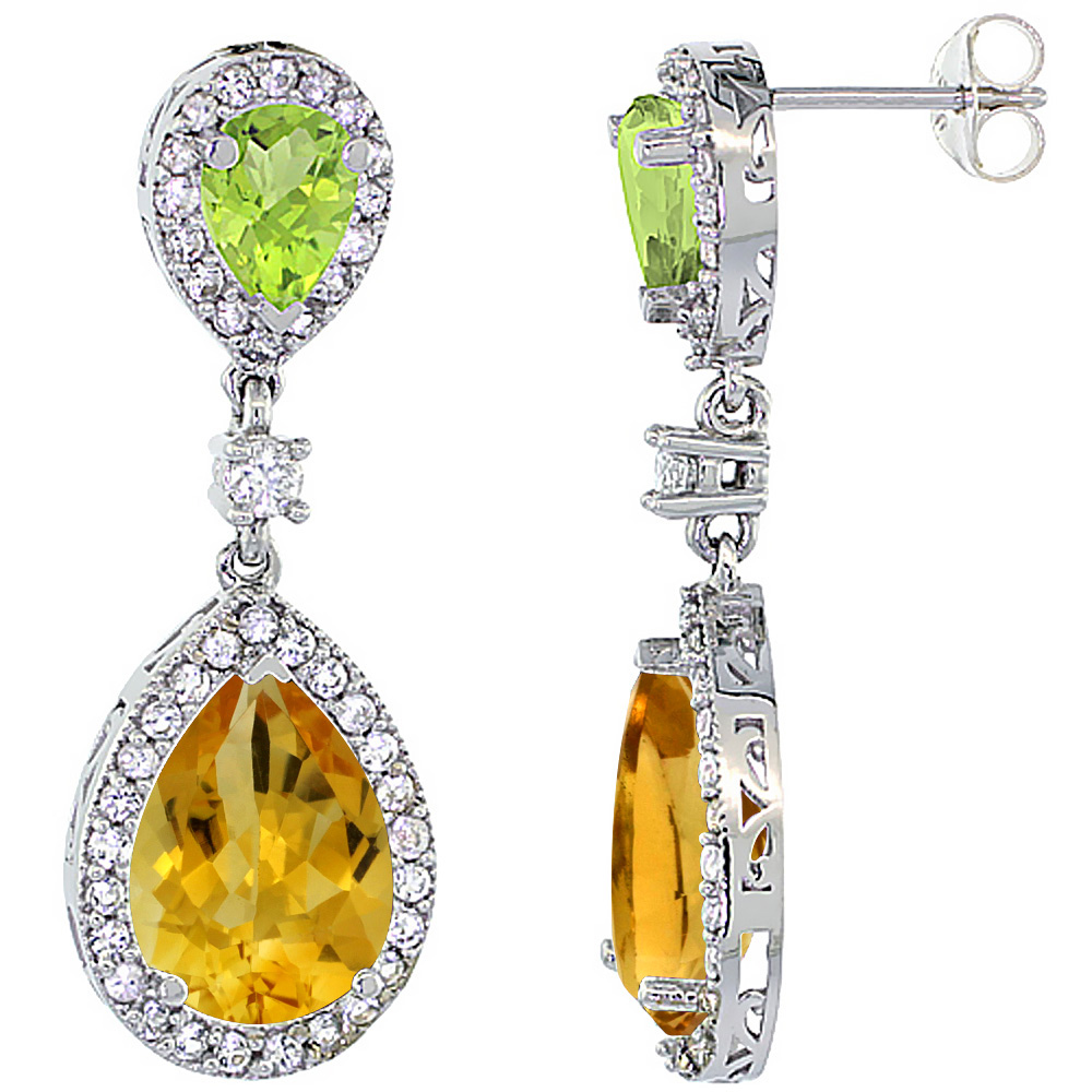 14K WHITE GOLD NATURAL CITRINE & PERIDOT TEARDROP EARRINGS WHITE SAPPHIRE & DIAMOND