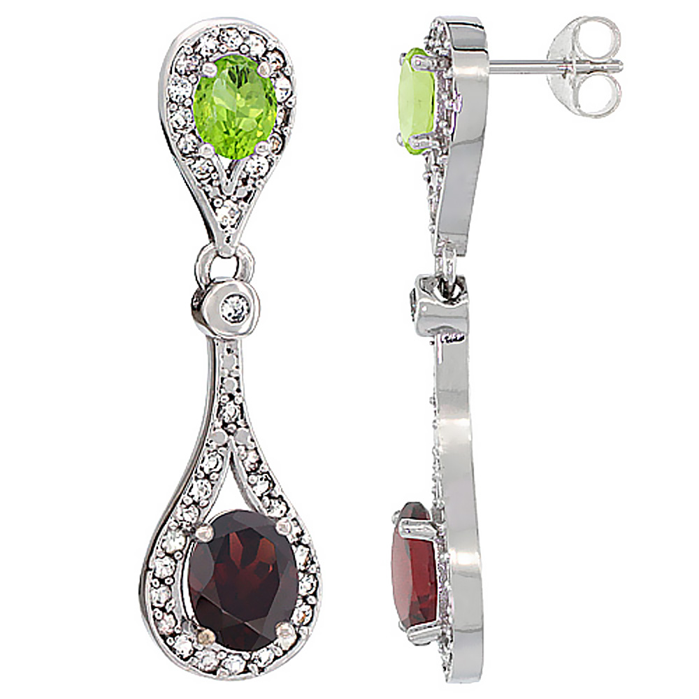 14K WHITE GOLD NATURAL GARNET & PERIDOT OVAL DANGLING EARRINGS WHITE SAPPHIRE & DIAMOND ACCENTS, 1 3/8 INCHES LONG