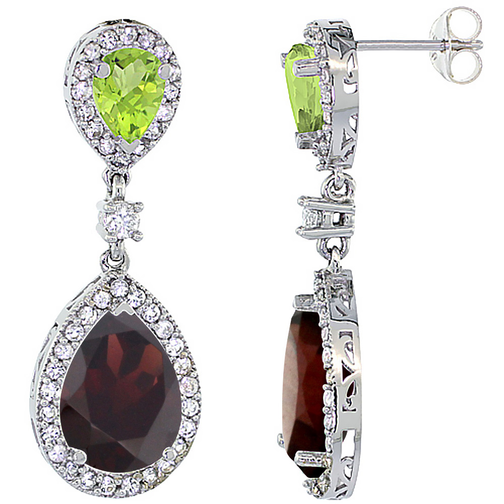 14K WHITE GOLD NATURAL GARNET & PERIDOT TEARDROP EARRINGS WHITE SAPPHIRE & DIAMOND