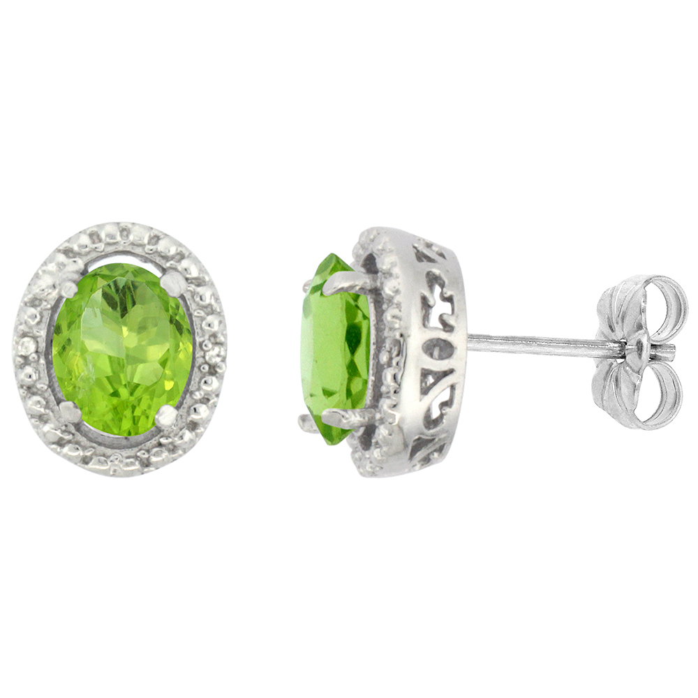 10K WHITE GOLD 0.01 CTTW DIAMOND NATURAL PERIDOT POST EARRINGS OVAL 7X5 MM