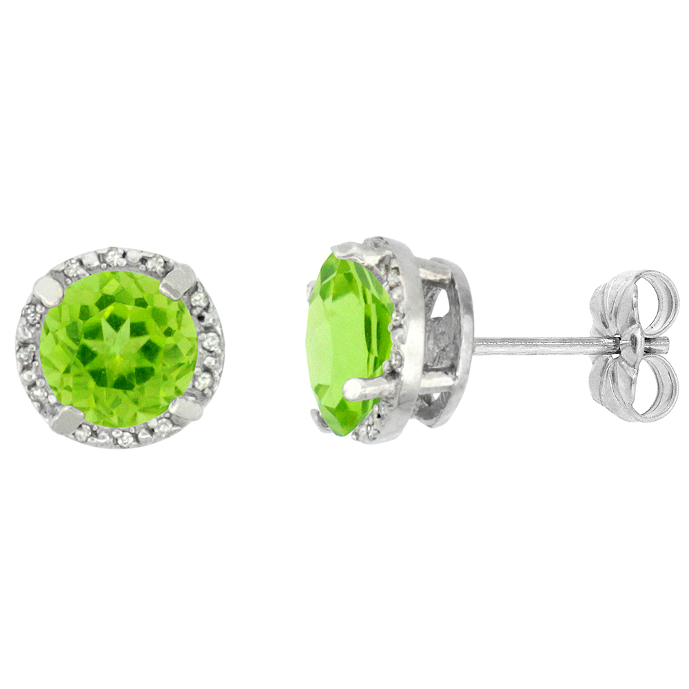 10K WHITE GOLD 0.06 CTTW DIAMOND NATURAL PERIDOT EARRINGS ROUND 7X7 MM