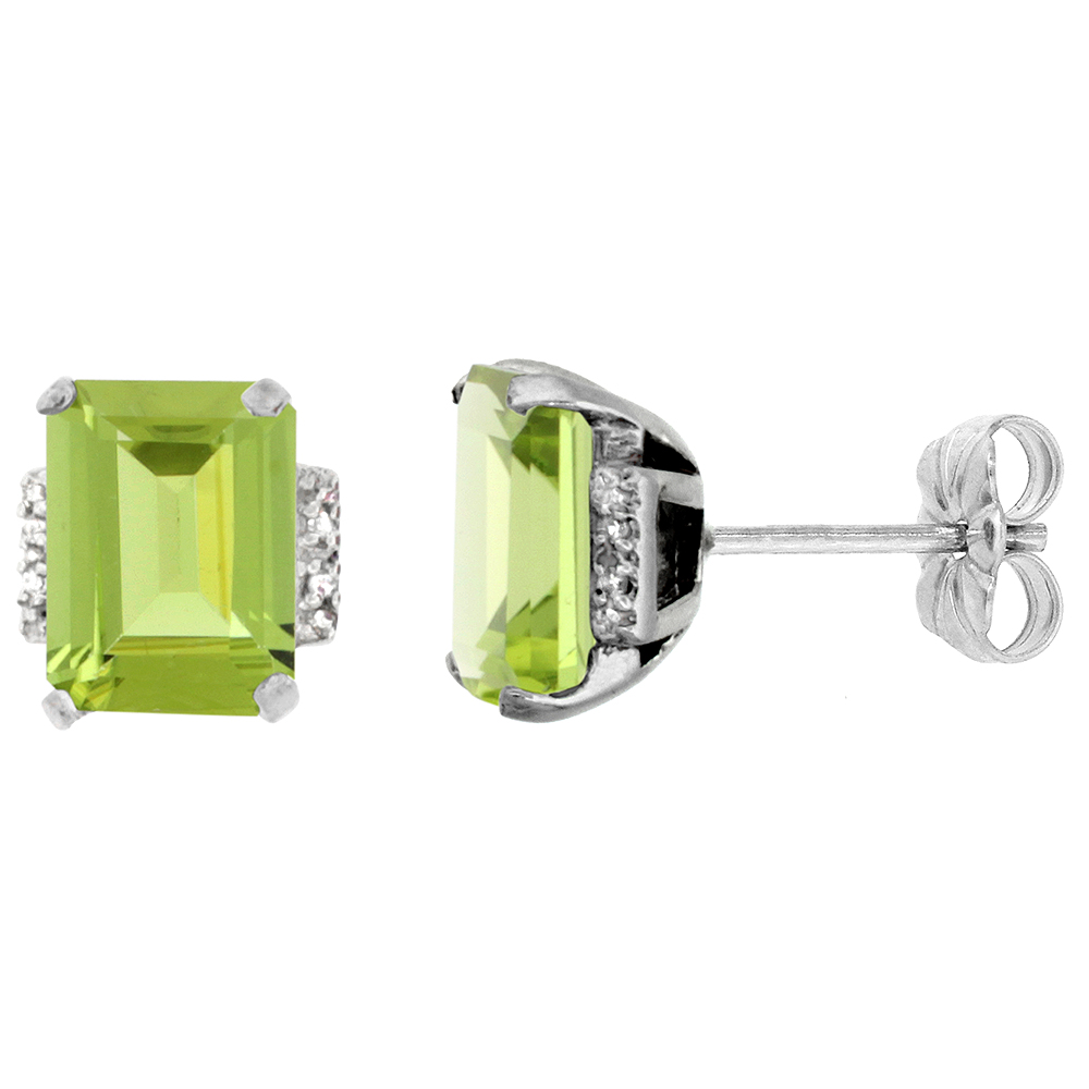 10K WHITE GOLD 0.02 CTTW DIAMOND NATURAL PERIDOT EARRINGS OCTAGON 8X6 MM