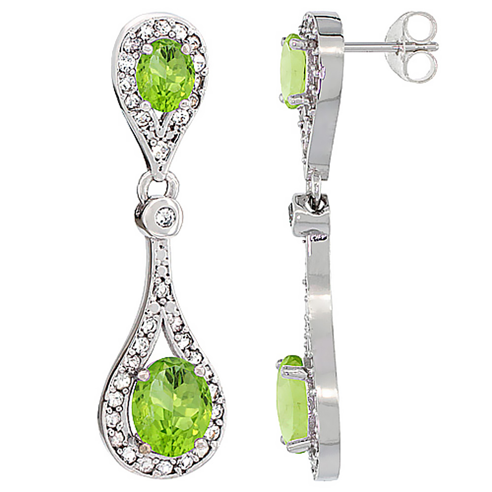 14K White Gold Natural Peridot Oval Dangling Earrings White Sapphire &amp; Diamond Accents, 1 3/8 inches long