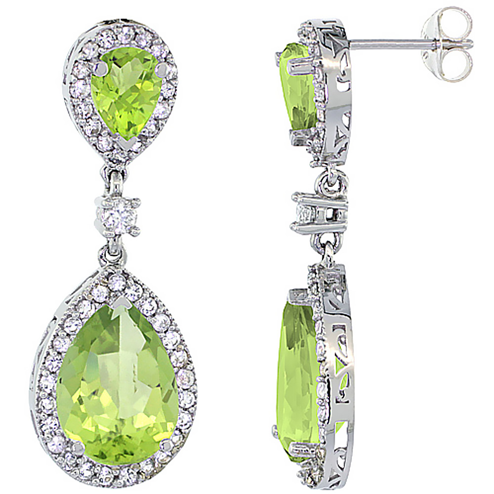 14K WHITE GOLD NATURAL PERIDOT TEARDROP EARRINGS WHITE SAPPHIRE & DIAMOND