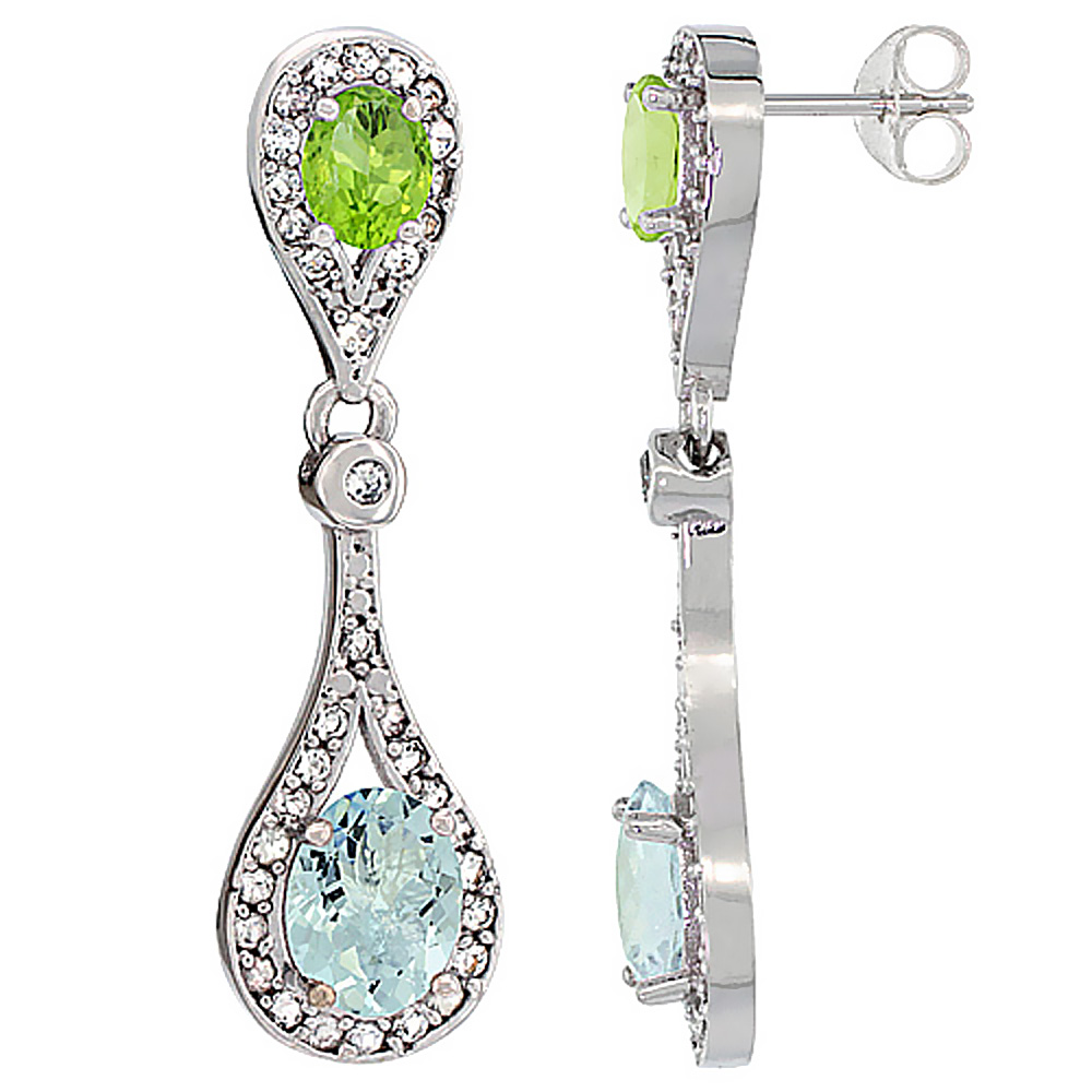 14K WHITE GOLD NATURAL AQUAMARINE & PERIDOT OVAL DANGLING EARRINGS WHITE SAPPHIRE & DIAMOND ACCENTS, 1 3/8 INCHES LONG
