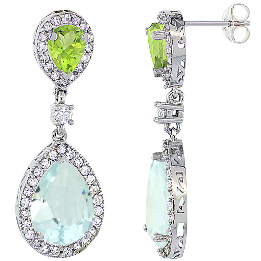 14K WHITE GOLD NATURAL AQUAMARINE & PERIDOT TEARDROP EARRINGS WHITE SAPPHIRE & DIAMOND