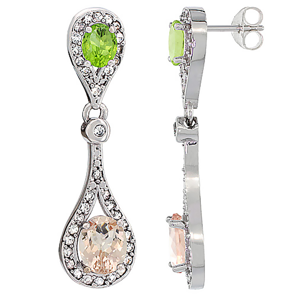 14K WHITE GOLD NATURAL MORGANITE & PERIDOT OVAL DANGLING EARRINGS WHITE SAPPHIRE & DIAMOND ACCENTS, 1 3/8 INCHES LONG