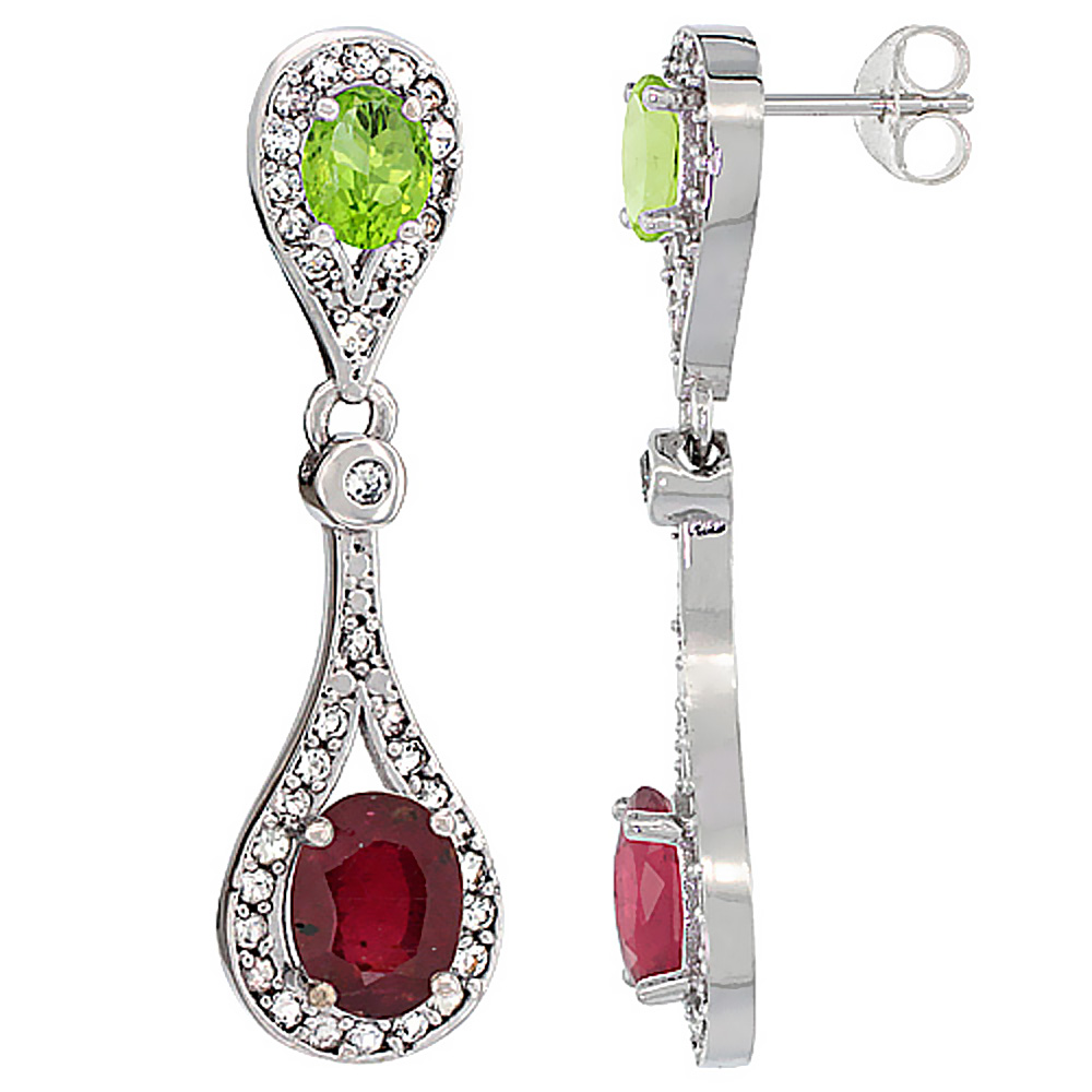 14K WHITE GOLD ENHANCED RUBY & PERIDOT OVAL DANGLING EARRINGS WHITE SAPPHIRE & DIAMOND ACCENTS, 1 3/8 INCHES LONG