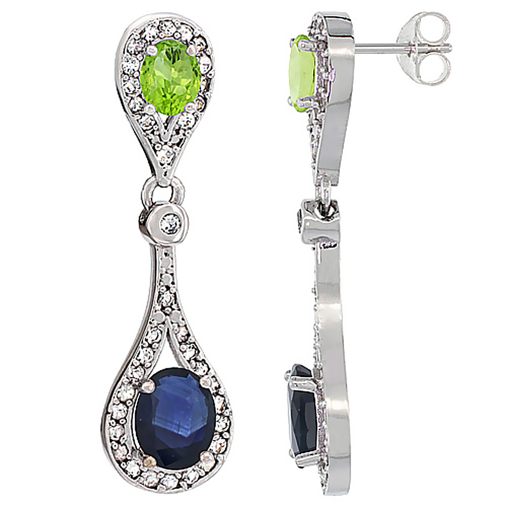 14K WHITE GOLD NATURAL BLUE SAPPHIRE & PERIDOT OVAL DANGLING EARRINGS WHITE SAPPHIRE & DIAMOND ACCENTS, 1 3/8 INCHES LONG