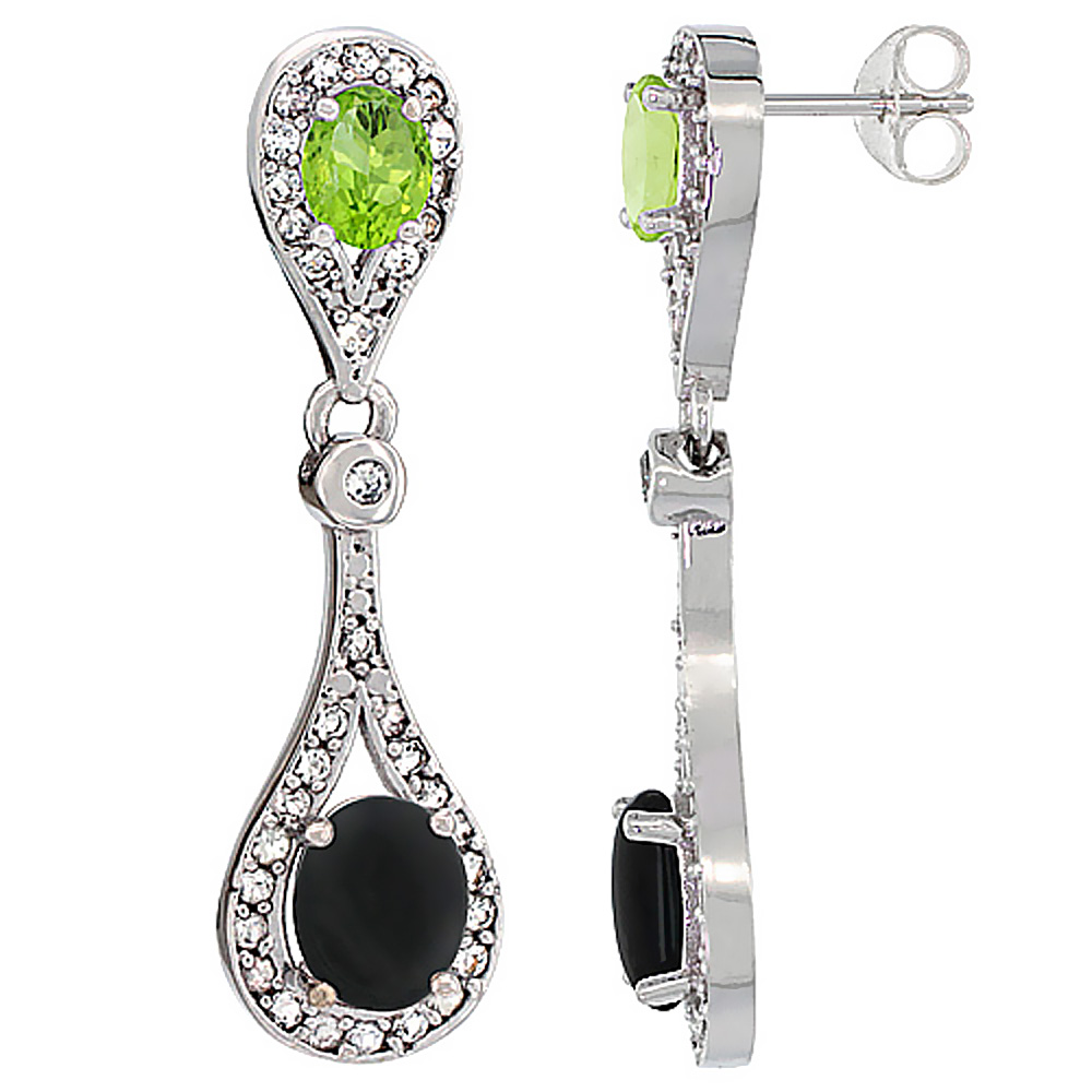 14K White Gold Natural Black Onyx & Peridot Oval Dangling Earrings White Sapphire & Diamond Accents, 1 3/8 inches long