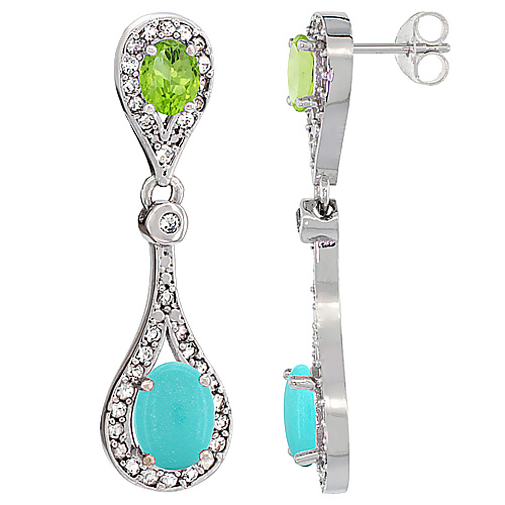 14K WHITE GOLD NATURAL TURQUOISE & PERIDOT OVAL DANGLING EARRINGS WHITE SAPPHIRE & DIAMOND ACCENTS, 1 3/8 INCHES LONG