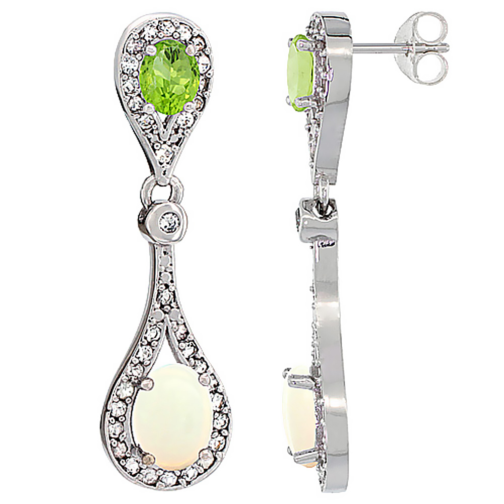 14K WHITE GOLD NATURAL OPAL & PERIDOT OVAL DANGLING EARRINGS WHITE SAPPHIRE & DIAMOND ACCENTS, 1 3/8 INCHES LONG