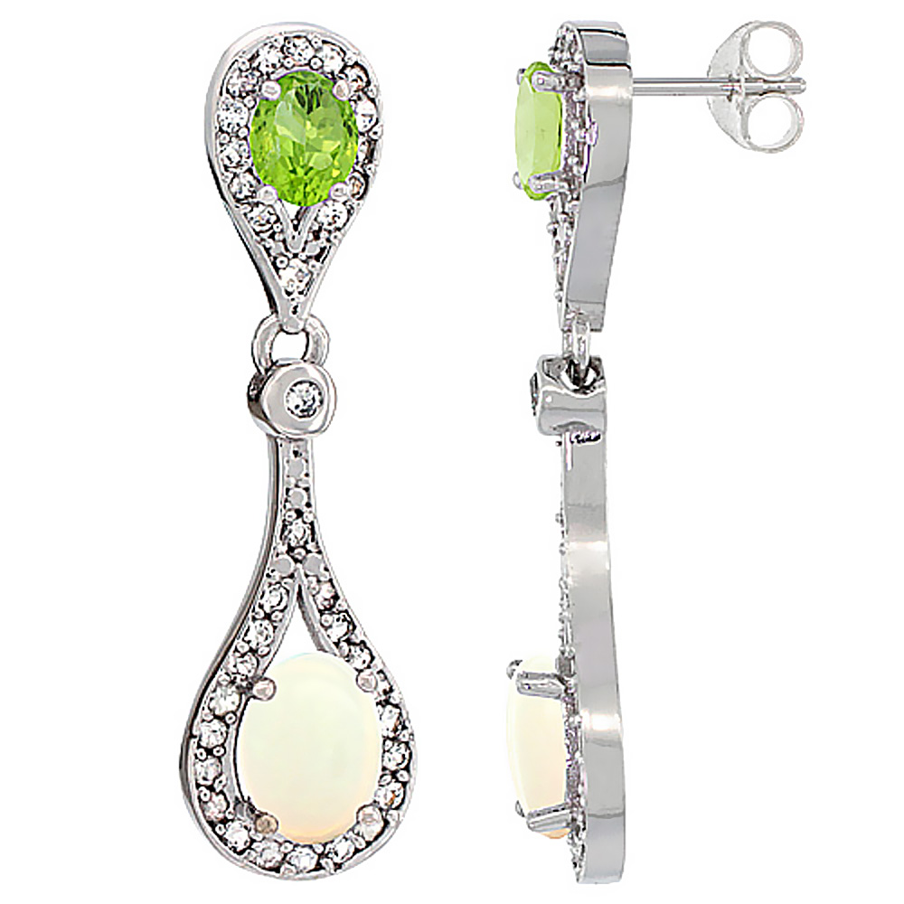 14K White Gold Natural Opal & Peridot Oval Dangling Earrings White Sapphire & Diamond Accents, 1 3/8 inches long