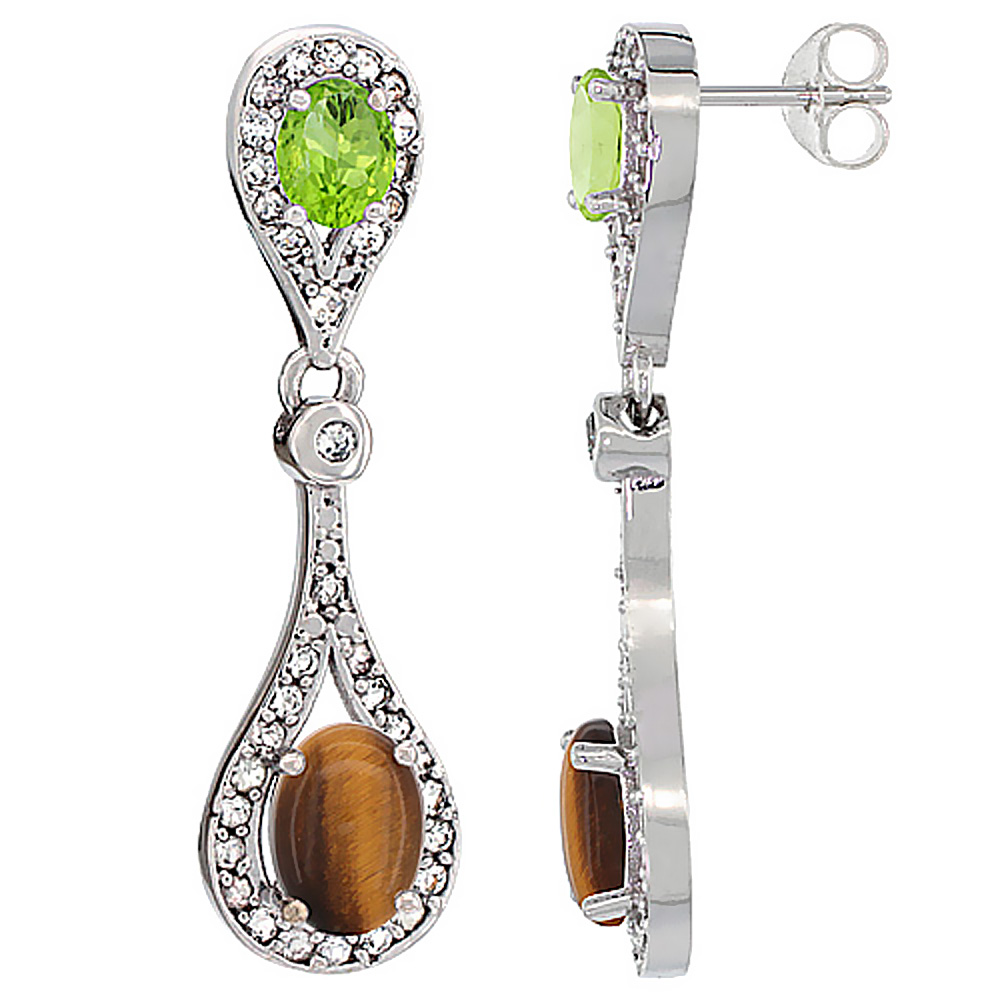 14K White Gold Natural Tiger Eye & Peridot Oval Dangling Earrings White Sapphire & Diamond Accents, 1 3/8 inches long