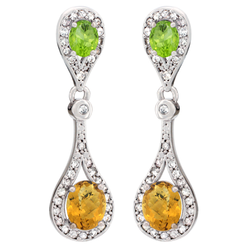 14K White Gold Natural Whisky Quartz & Peridot Oval Dangling Earrings White Sapphire & Diamond Accents, 1 3/8 inches long