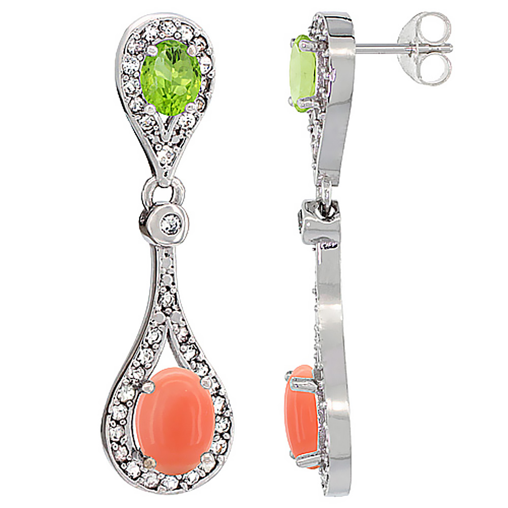 14K WHITE GOLD NATURAL CORAL & PERIDOT OVAL DANGLING EARRINGS WHITE SAPPHIRE & DIAMOND ACCENTS, 1 3/8 INCHES LONG