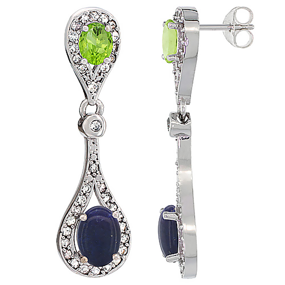 14K WHITE GOLD NATURAL LAPIS & PERIDOT OVAL DANGLING EARRINGS WHITE SAPPHIRE & DIAMOND ACCENTS, 1 3/8 INCHES LONG